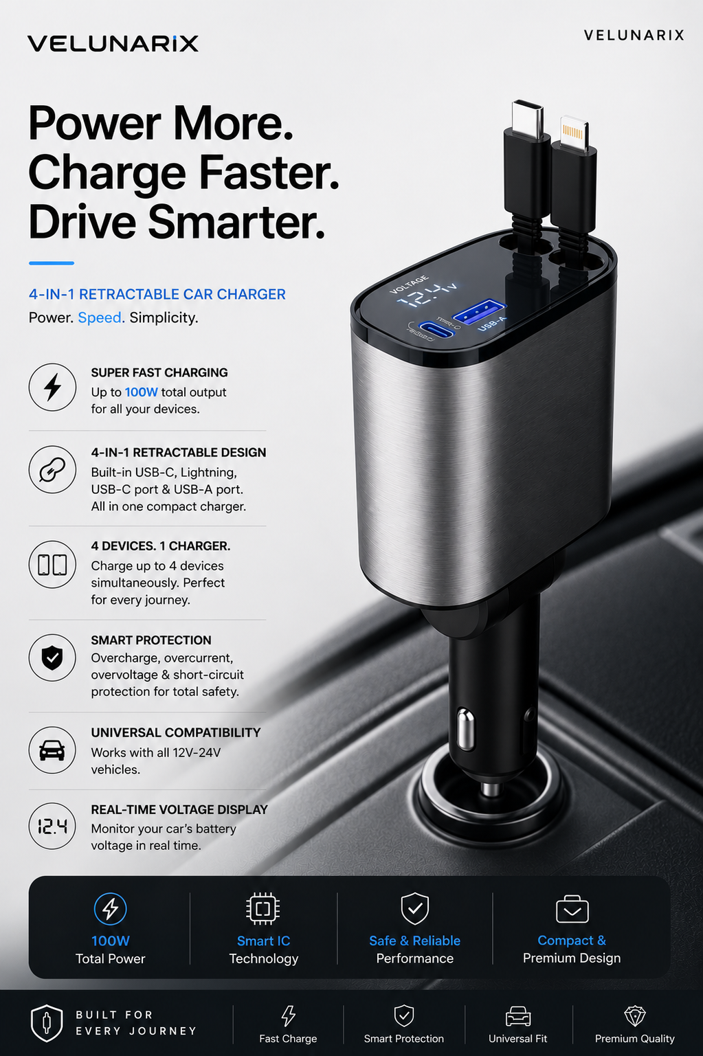Cargador retráctil 4 en 1 para coche — 100W