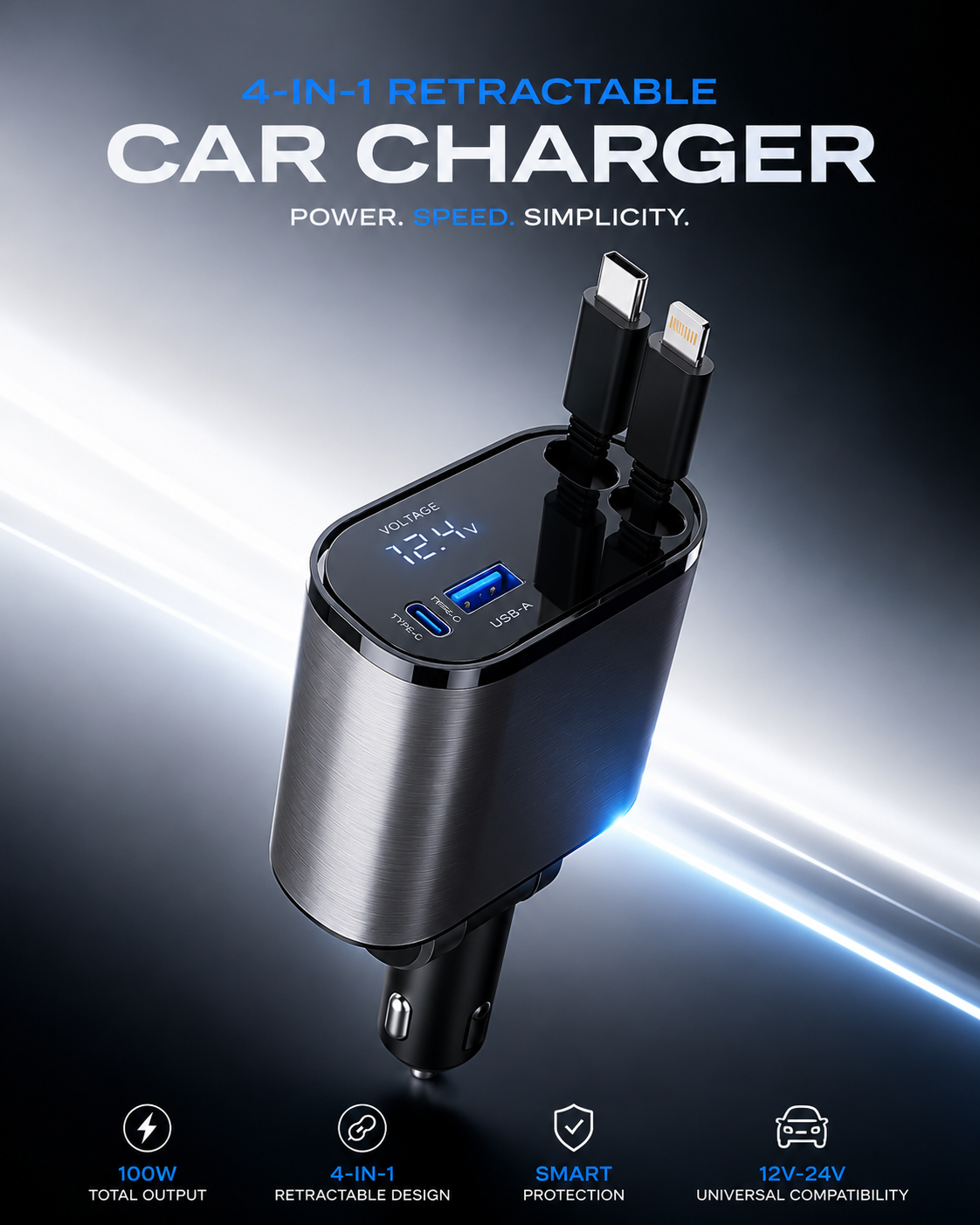 Cargador retráctil 4 en 1 para coche — 100W
